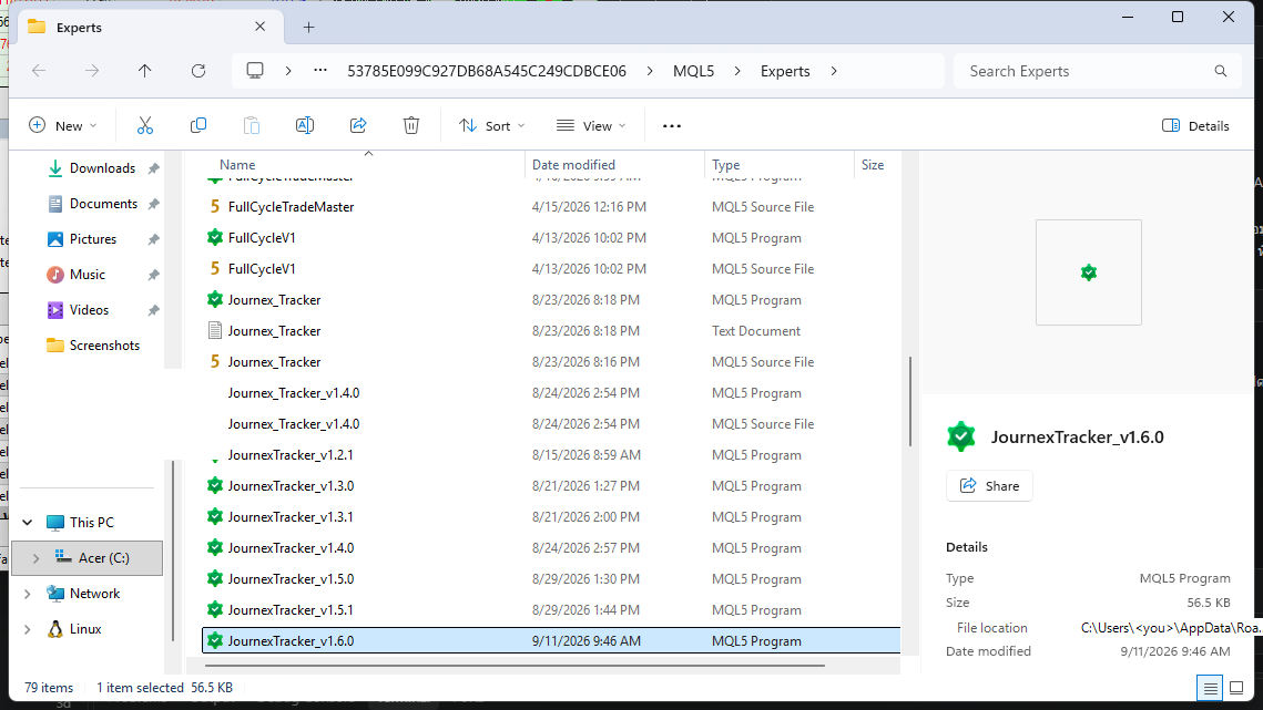 ไฟล์ EA วางอยู่ในโฟลเดอร์ MQL5\Experts ของ MT5