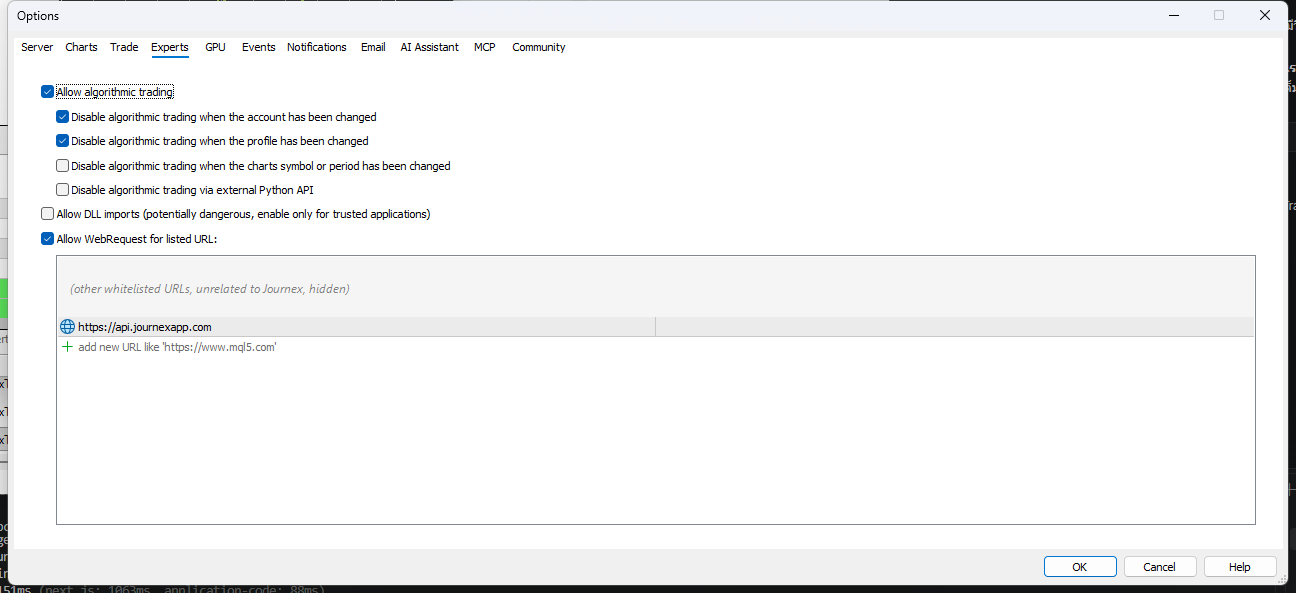 หน้าต่าง Options แท็บ Expert Advisors ติ๊ก Allow WebRequest แล้วมี URL ของ Journex อยู่ในรายการ