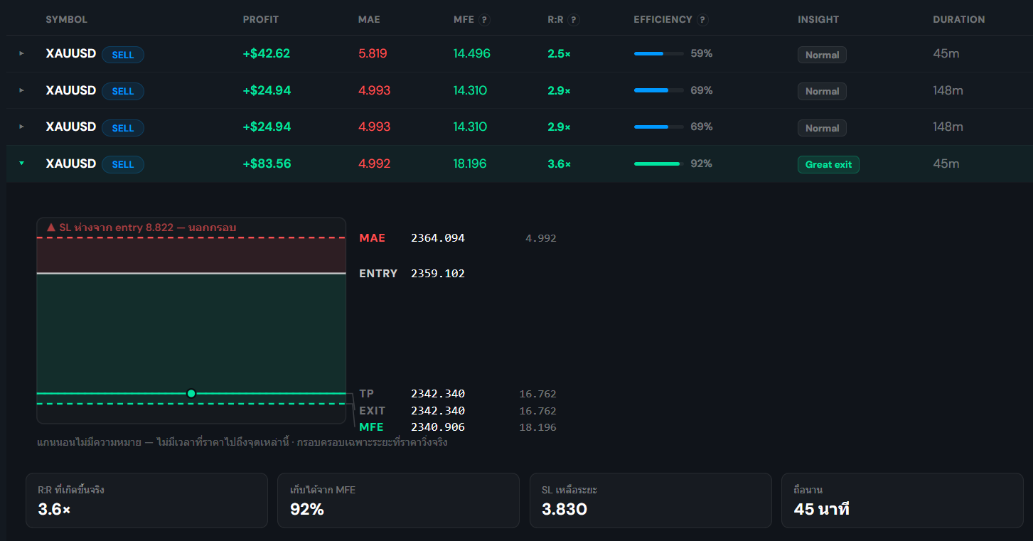 A single trade opened to its price ladder, showing entry, exit and both extremes